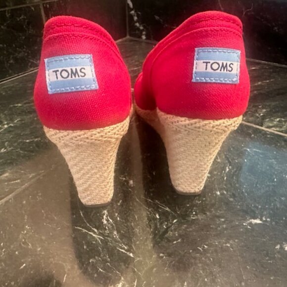 Toms Women's Wedges Red Calypso Canvas Espadrille Slip On Peep Toe-SIZE 9.5 - Picture 8 of 13